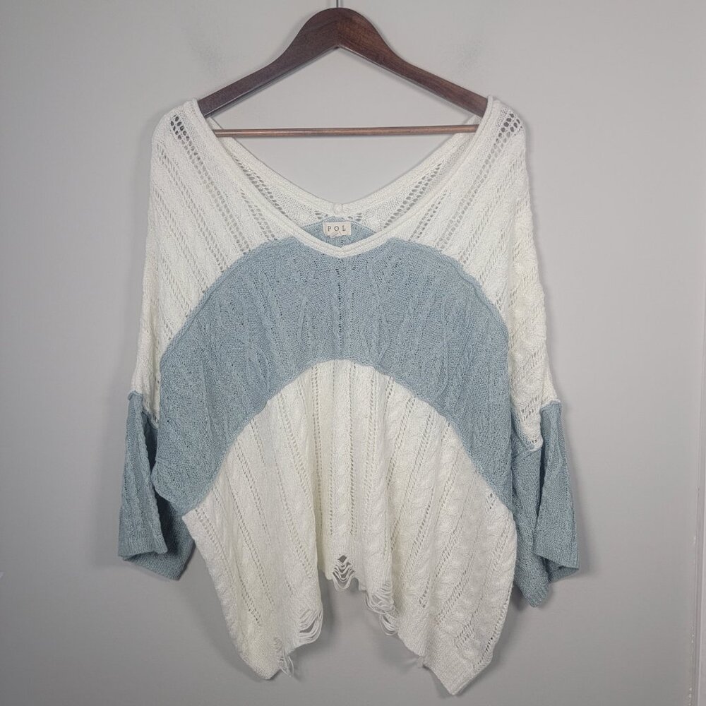 POL Light Blue and Cream Open-Knit V-Neck Sweater